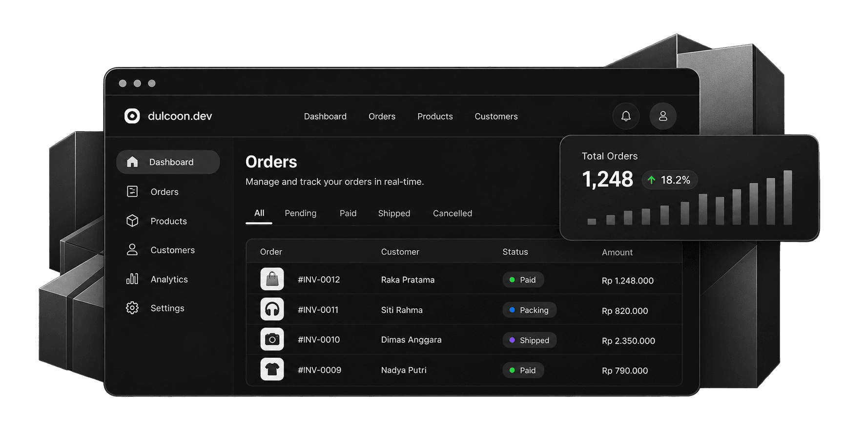 Dark e-commerce orders dashboard mockup