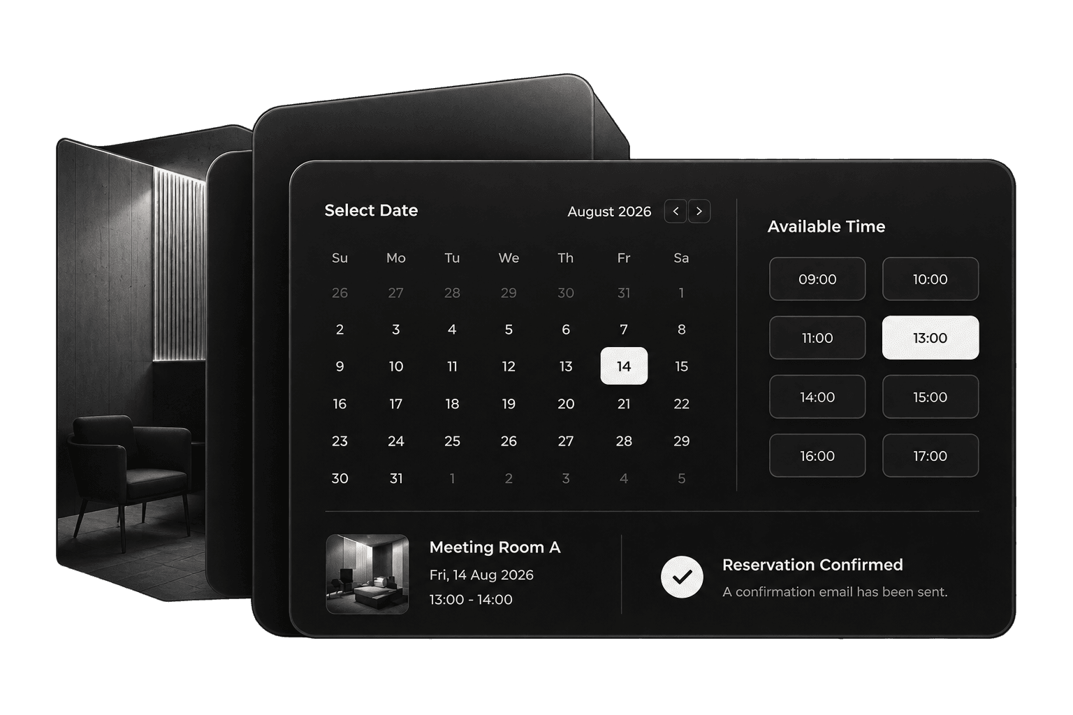 Dark booking and reservation calendar interface