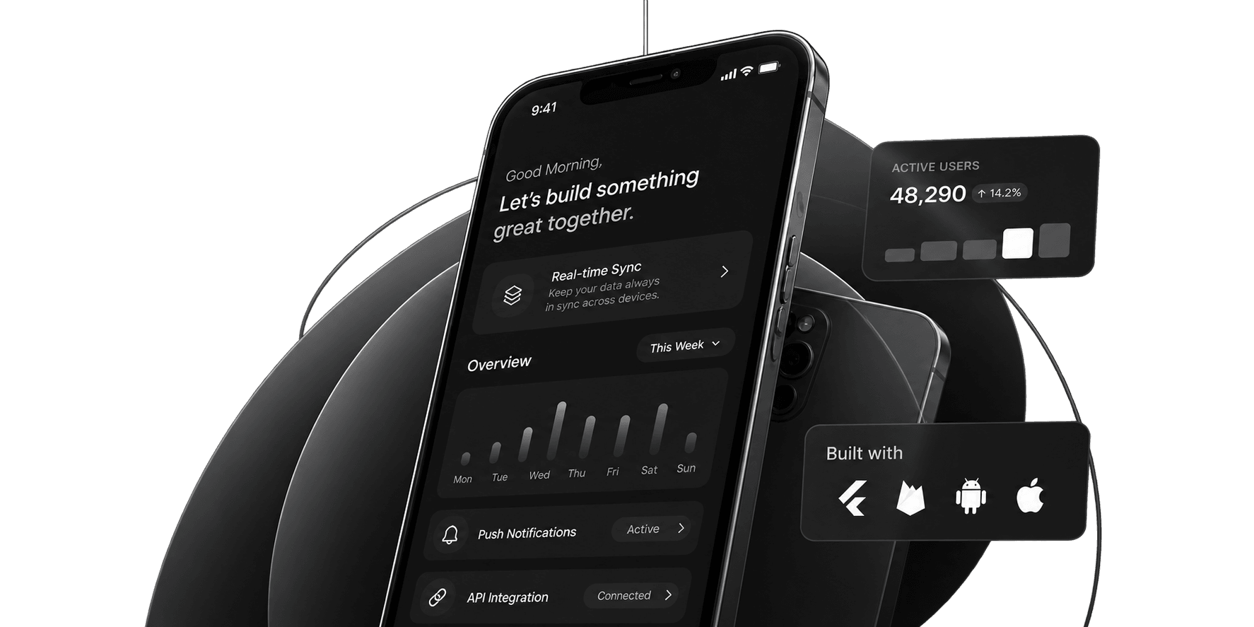 Dark mode smartphone app interface showcase