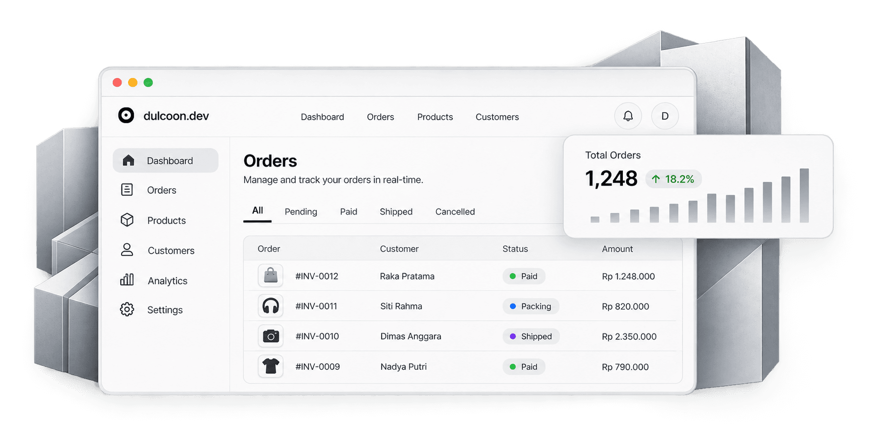Light e-commerce orders dashboard mockup